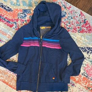 Aviator Nation Dark Blue Hoodie with Vibrant Stripes